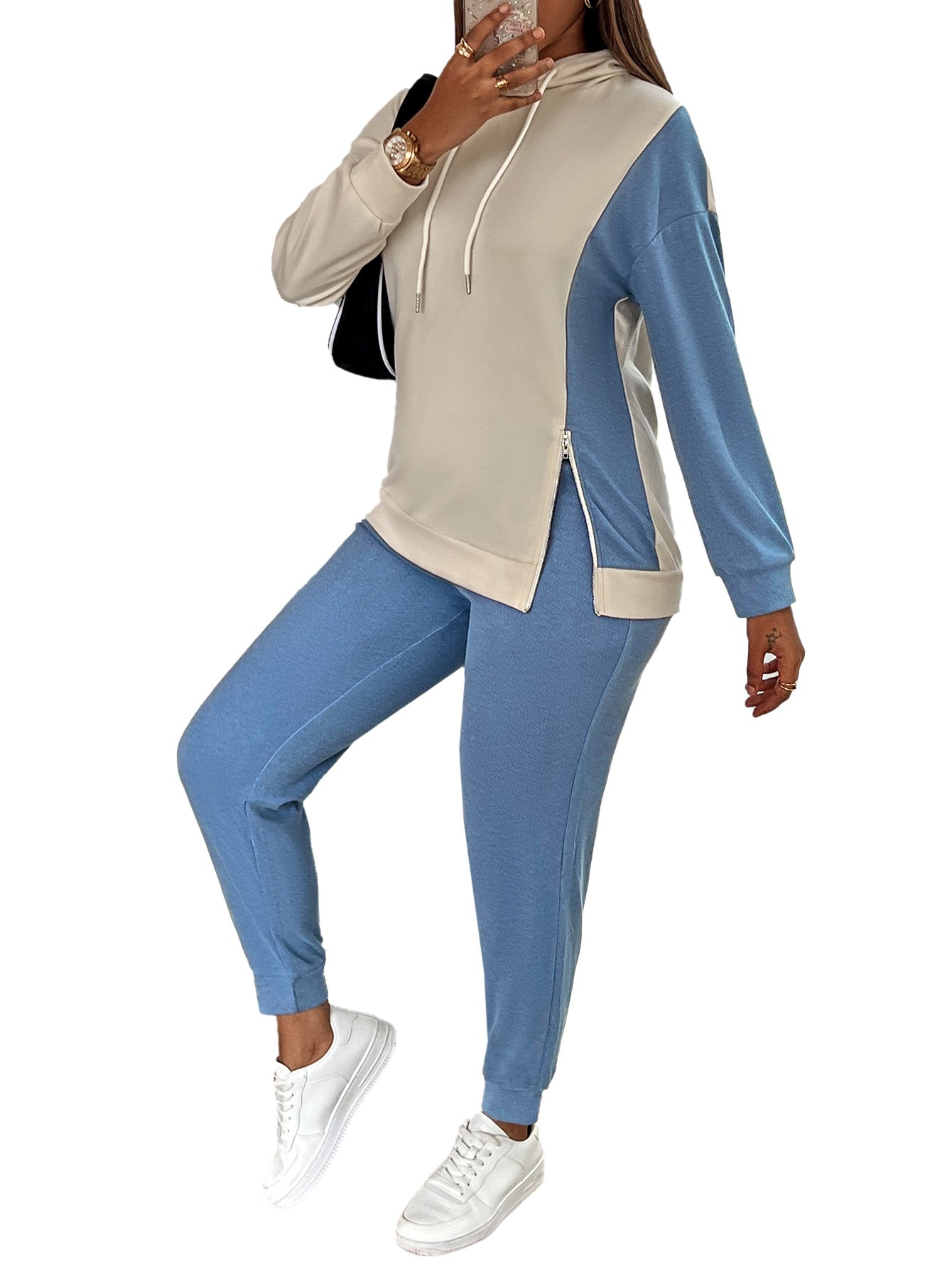 YESFASHION Women Zipper Colorblock Fashion Hooded Casual Suit