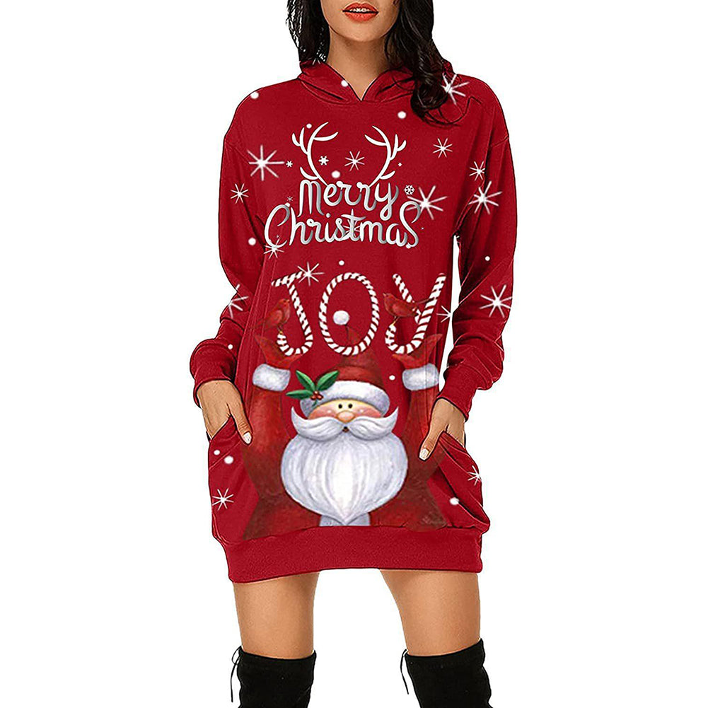 YESFASHION Christmas Print Hooded Sweatshirt Dress