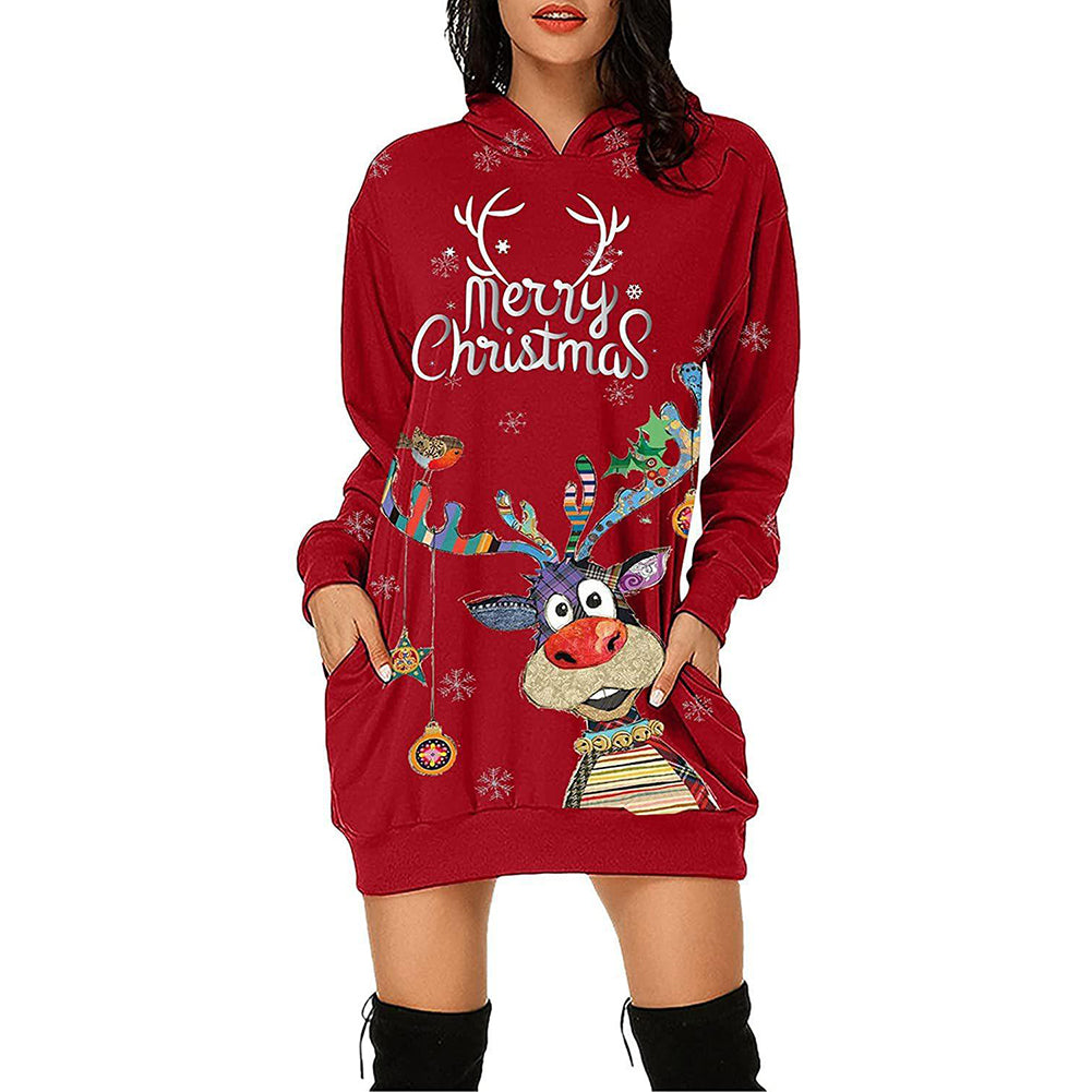 YESFASHION Christmas Print Hooded Sweatshirt Dress