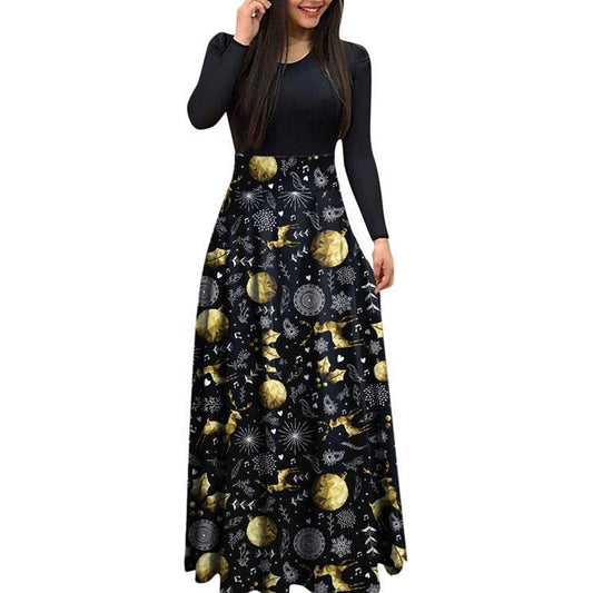 YESFASHION Christmas Day Women Digital Print Crew Neck Panel Dress
