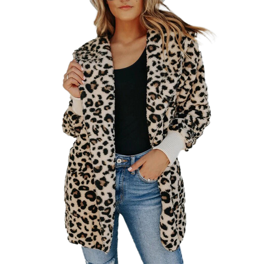 YESFASHION Women Coats Slim Fit Leopard Print Hooded Jacket