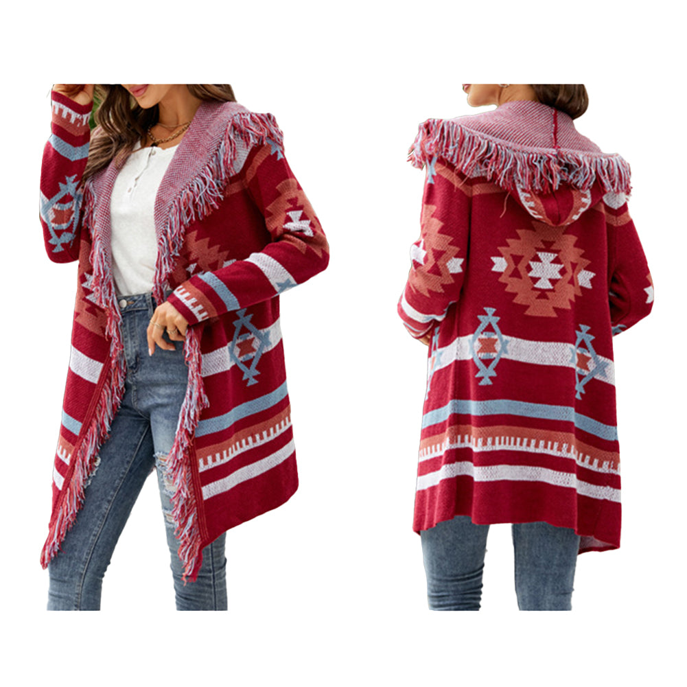 YESFASHION Fringed Hooded Knit Cardigan Jacket Sweaters