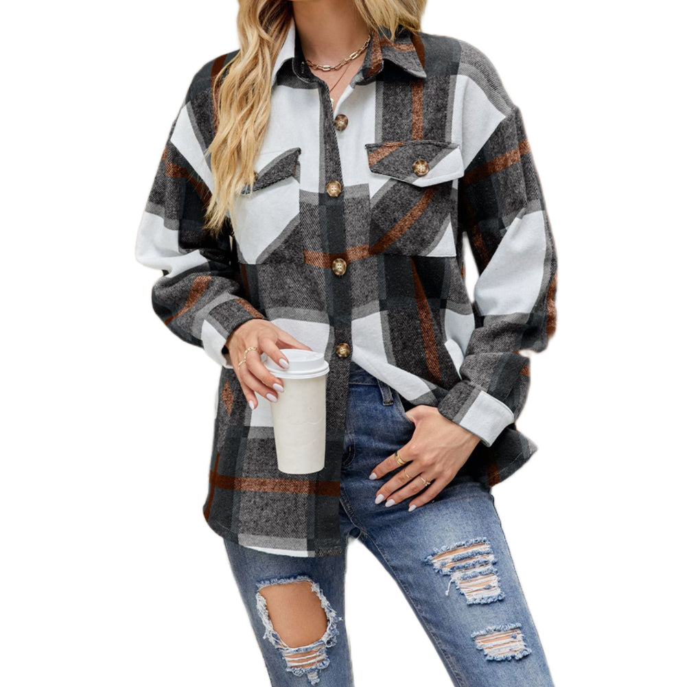 YESFASHION Ladies Plaid Jacket Casual Loose Pocket Shirt Tops