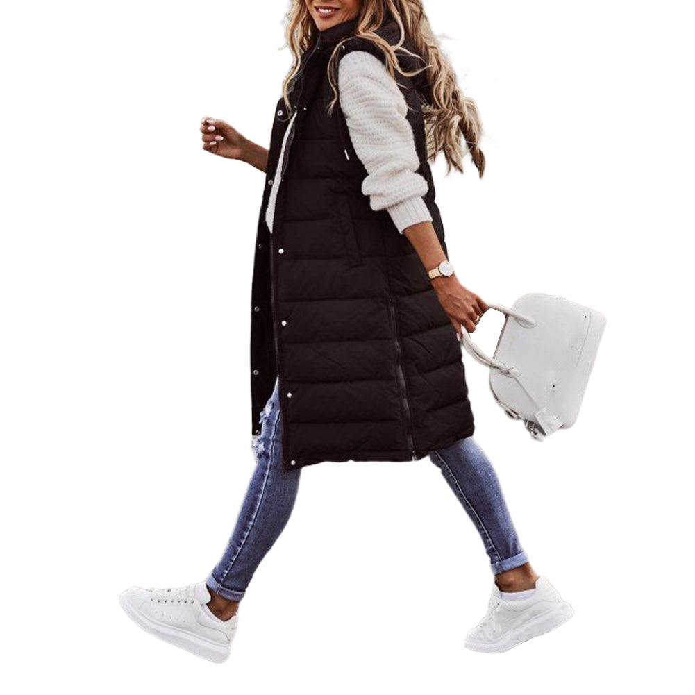 YESFASHION Solid Hooded Single-breasted Midi Cotton Vest