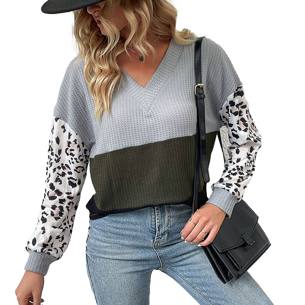 YESFASHION Casual Fashion Tops V-neck Leopard Knit Sweaters