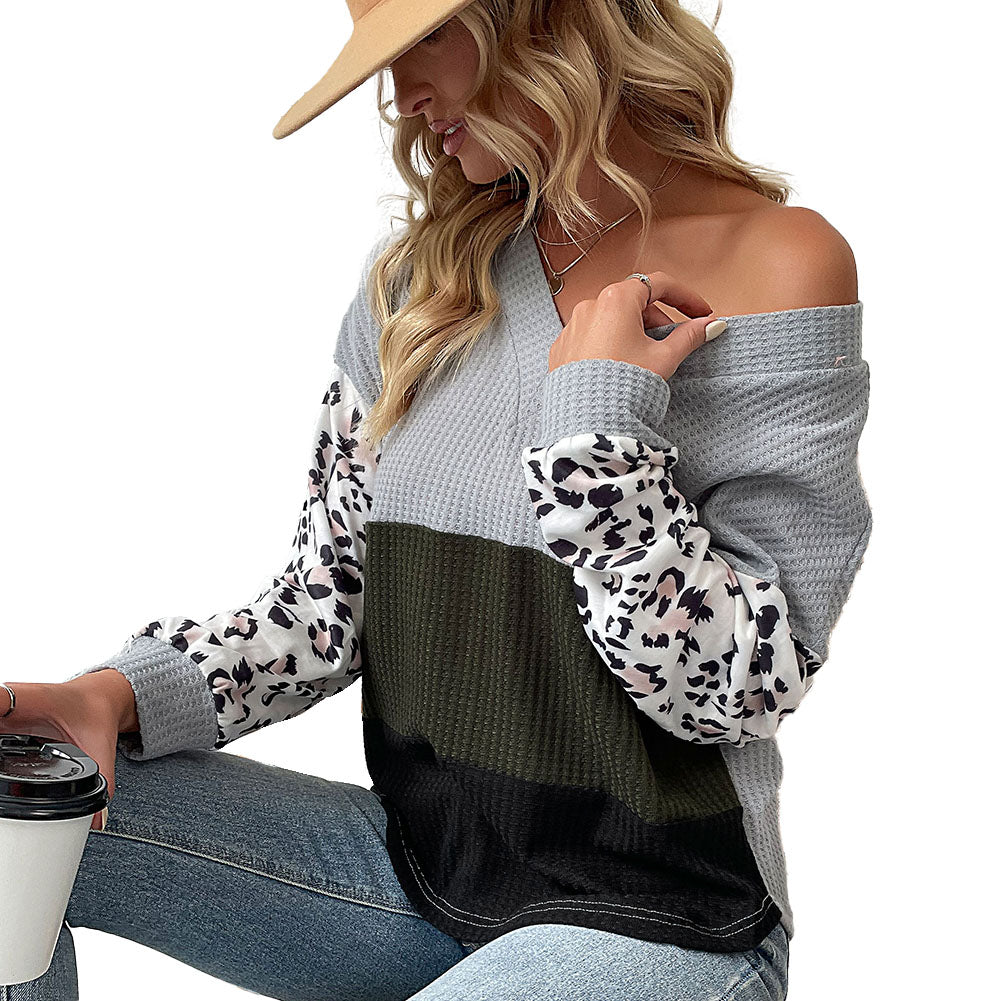 YESFASHION Casual Fashion Tops V-neck Leopard Knit Sweaters