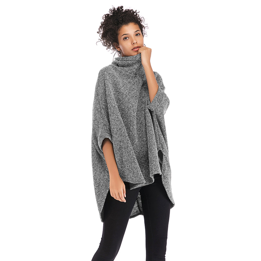 YESFASHION Cape Length Knitted Cape Turtleneck Mid Length