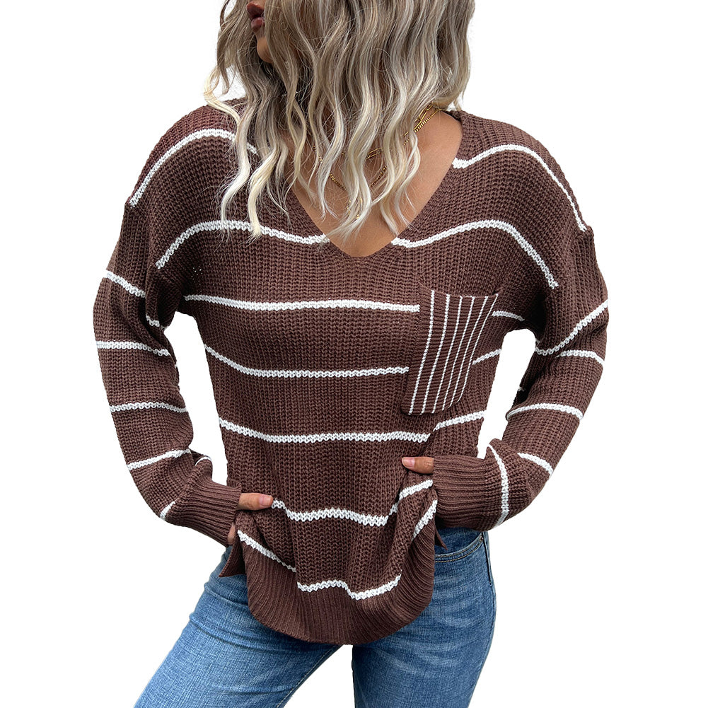 YESFASHION Casual Fashion Women V-neck Striped Sweaters