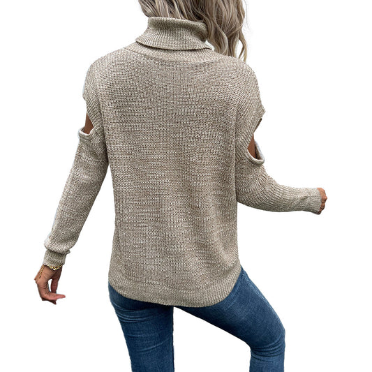 YESFASHION Women Turtleneck Solid Cutout Off Shoulder Sweaters
