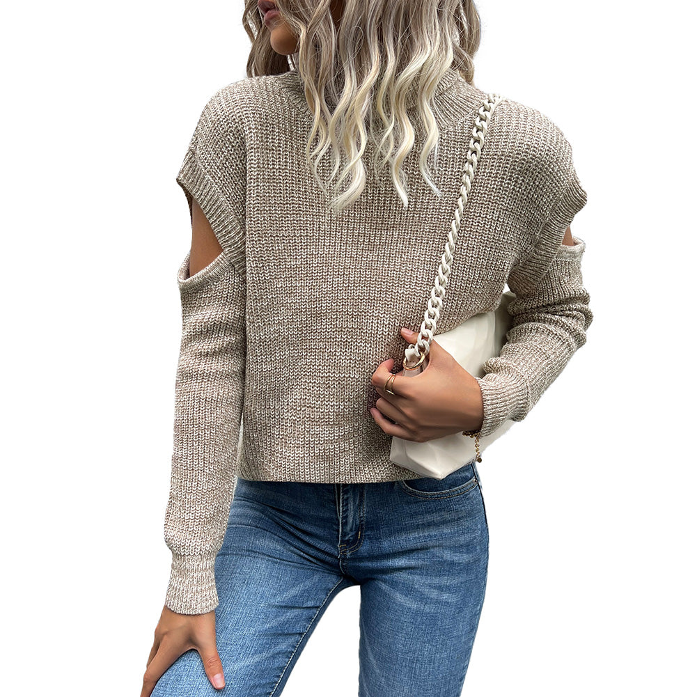 YESFASHION Women Turtleneck Solid Cutout Off Shoulder Sweaters