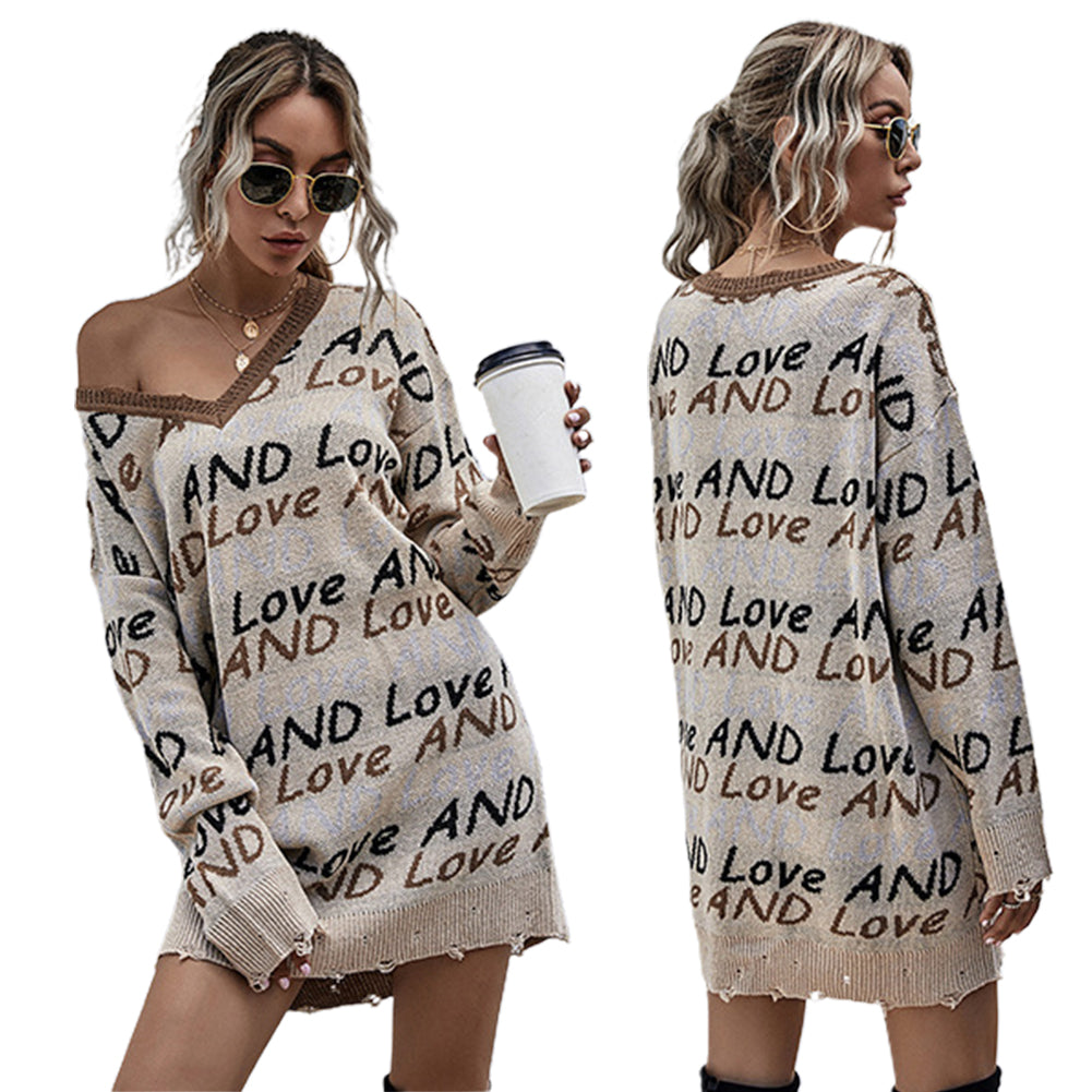 YESFASHION V-neck Lettered Off-the-shoulder Knitted Sweaters Dress