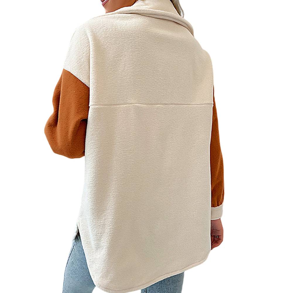 YESFASHION Women Coats Lapel Colorblock Long Sleeve Fleece Jacket