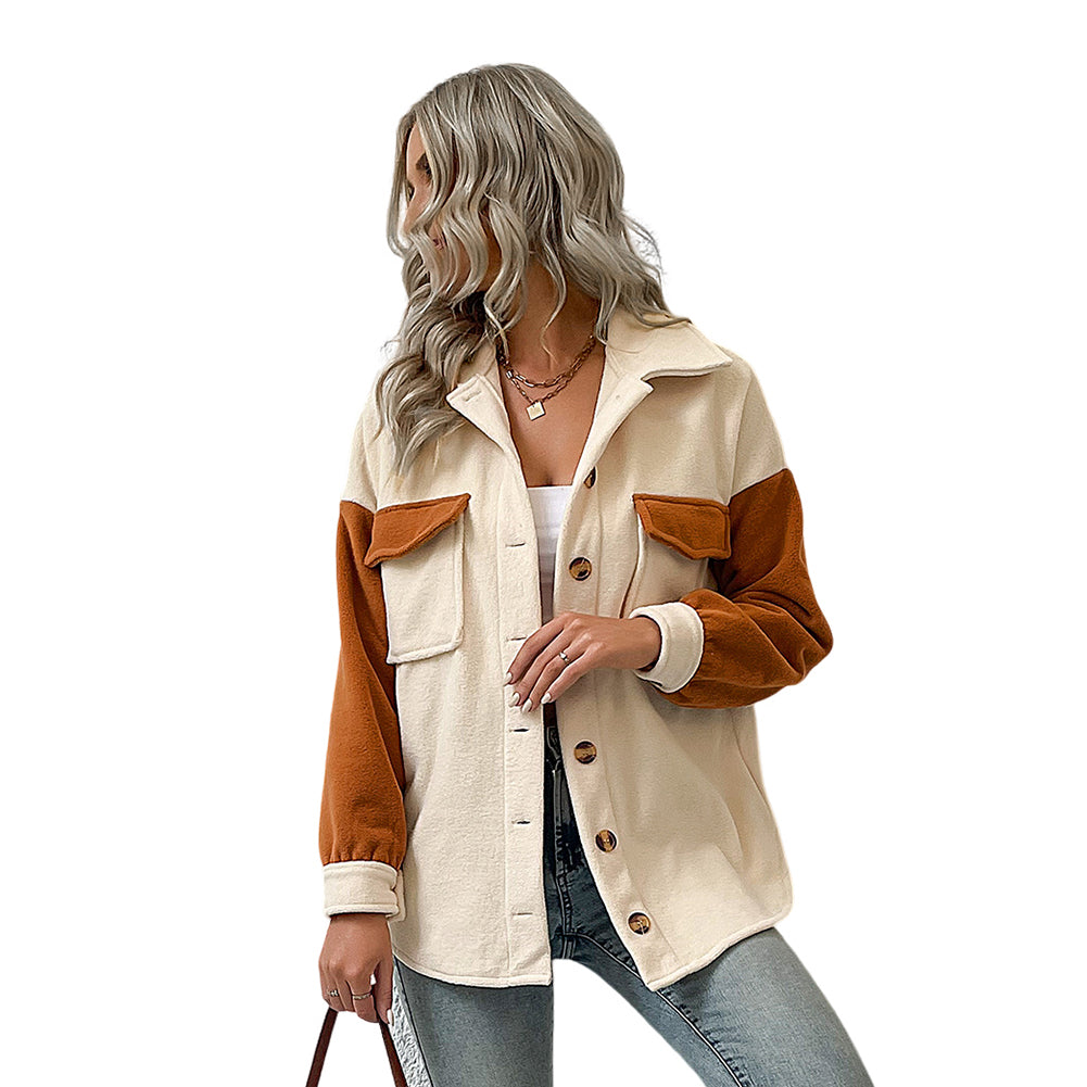 YESFASHION Women Coats Lapel Colorblock Long Sleeve Fleece Jacket