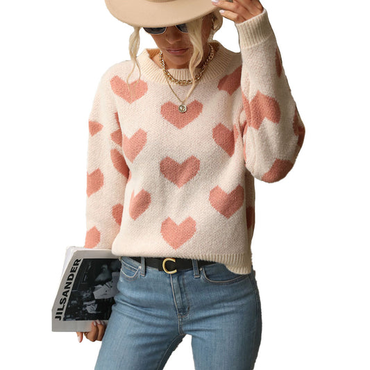 YESFASHION Fashion Knit Casual Heart Long Sleeve Pink Sweaters