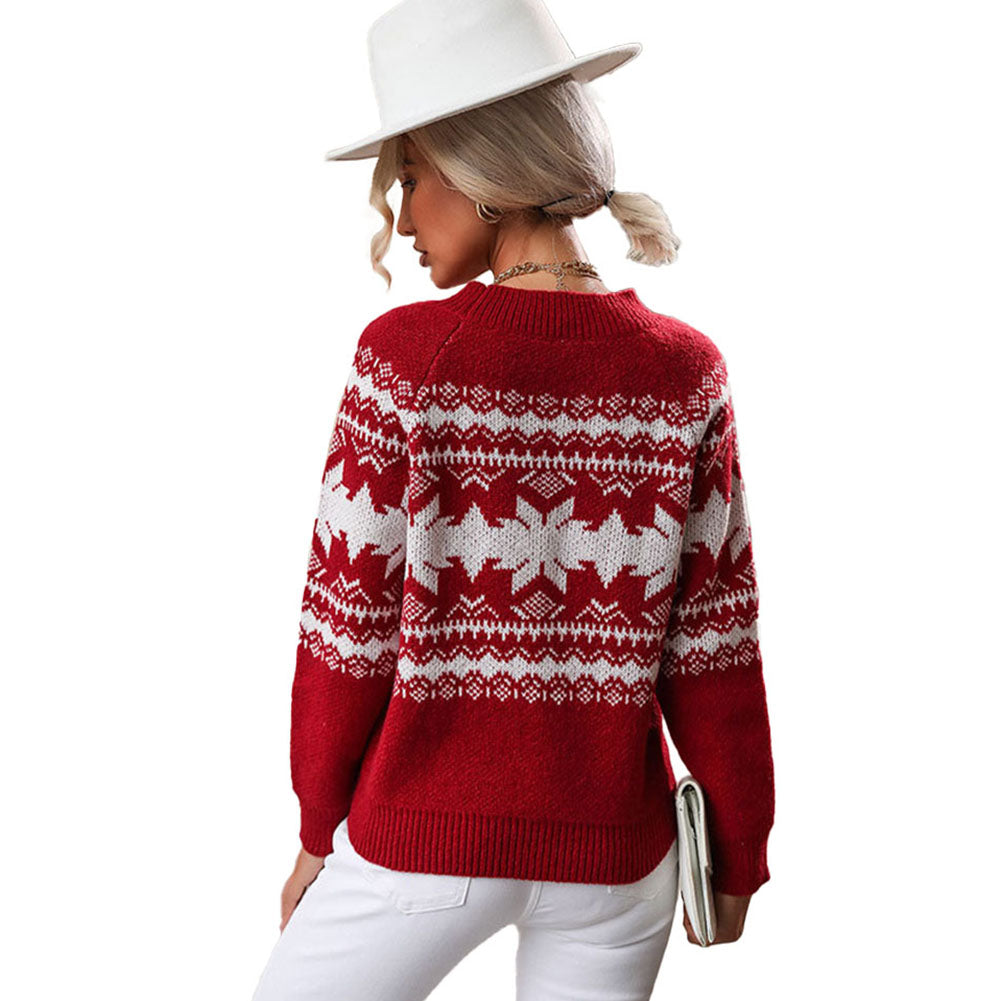 YESFASHION Trendy Crew Neck Red Knit Christmas Snowflake Sweaters