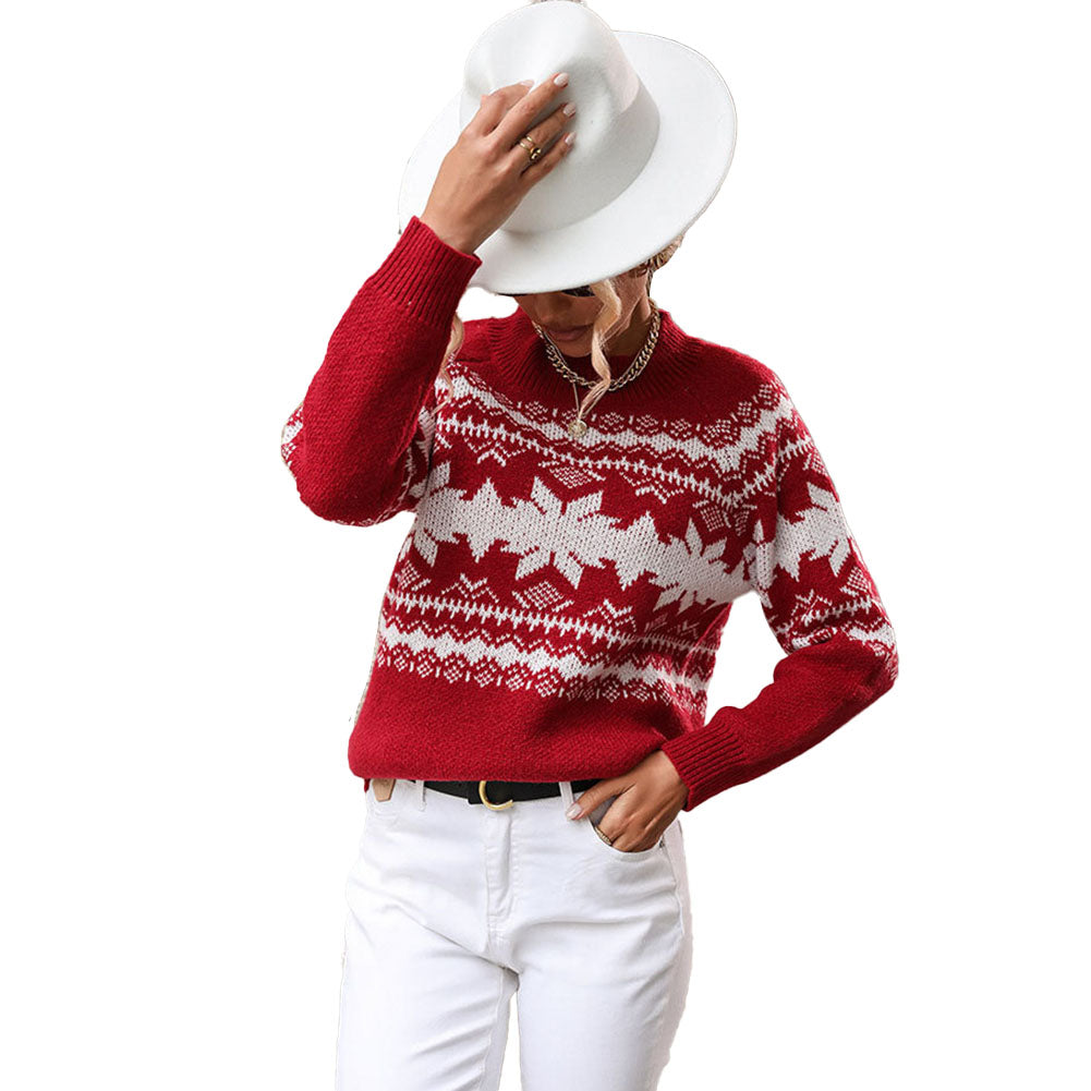 YESFASHION Trendy Crew Neck Red Knit Christmas Snowflake Sweaters