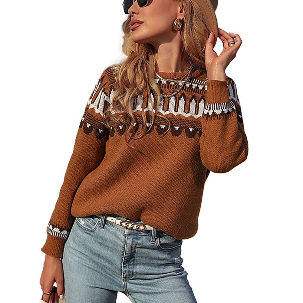YESFASHION Women Loose Brown Positioned Jacquard Sweaters