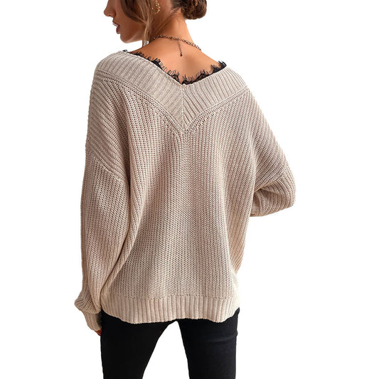 YESFASHION Women Panel Lace Pullover Solid Knit Sweaters