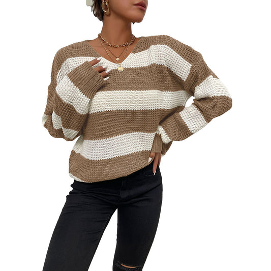 YESFASHION Casual Tops Thin Long Sleeve Striped Sweaters
