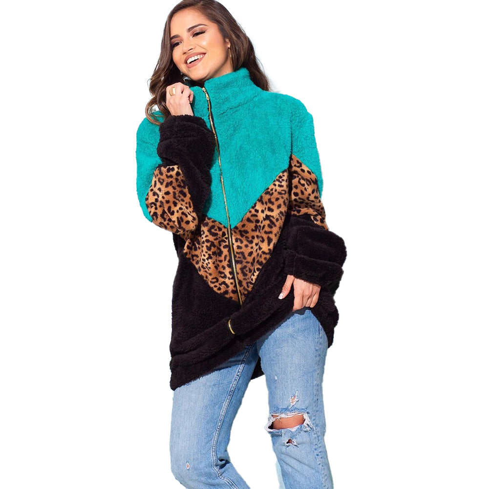 YESFASHION Leopard Print Zipper Long Sleeve Plush Jacket Women