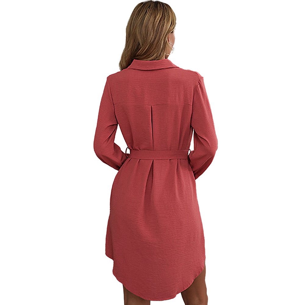 YESFASHION Fashion Red Long-sleeved Lapel French Shirt Dress