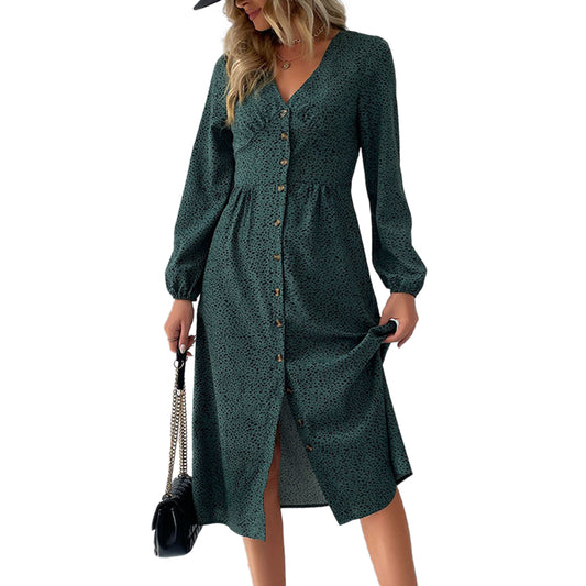 YESFASHION Women Elegant V-neck Single Breasted Dress