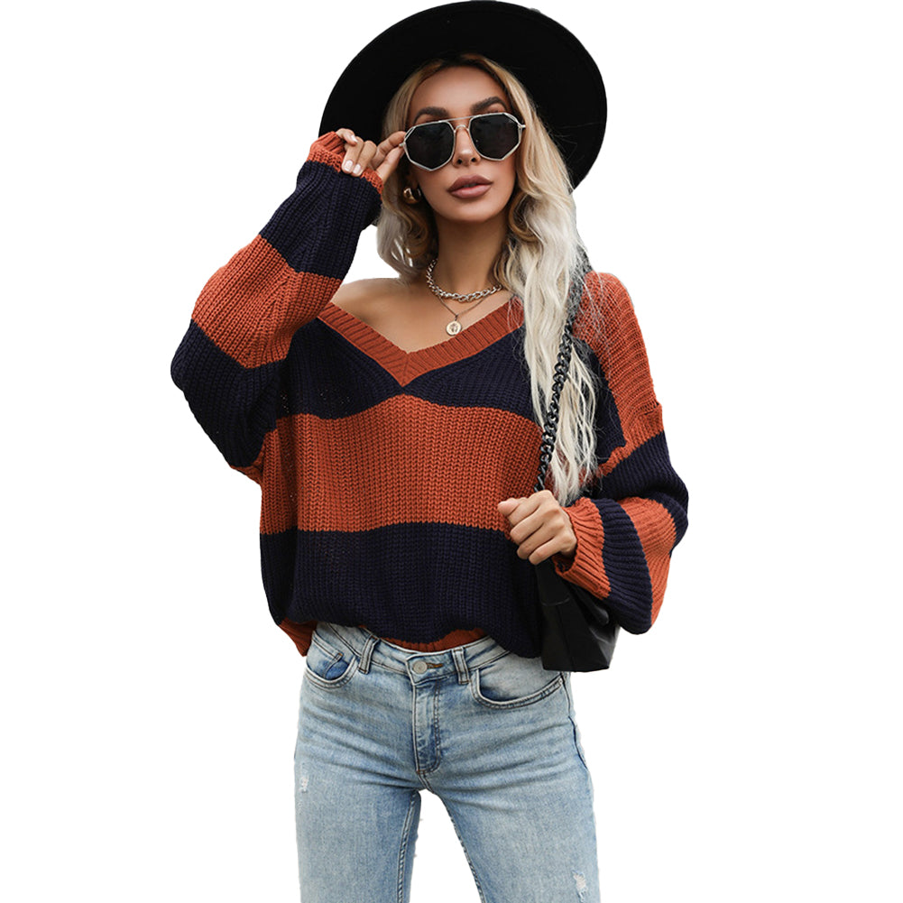 YESFASHION Women Fall Long Sleeve Colorblock Loose V-neck Sweaters