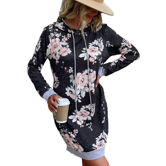 YESFASHION Loose Printed Long-sleeved Hooded Sweater Dress