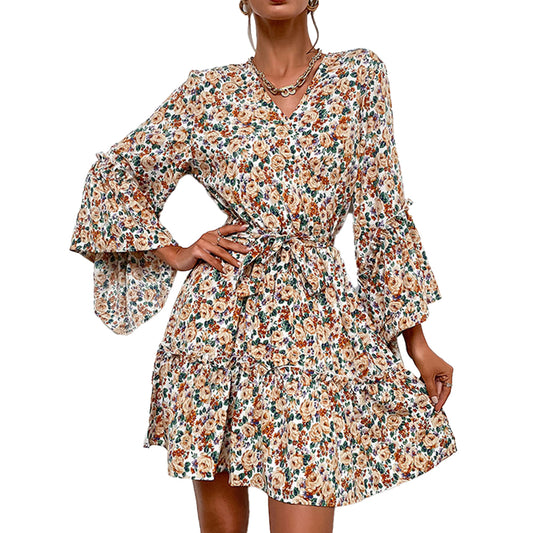 YESFASHION Women New V-neck Printed Long Sleeve Pre-fall Dress