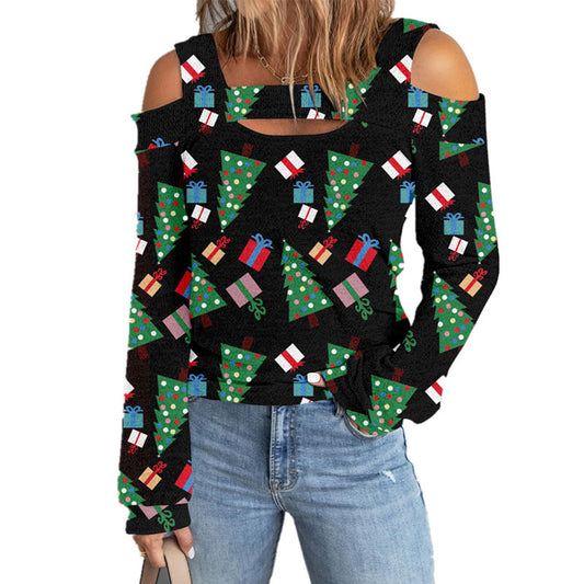 YESFASHION Christmas Off-the-shoulder Loose Long-sleeve T-shirt