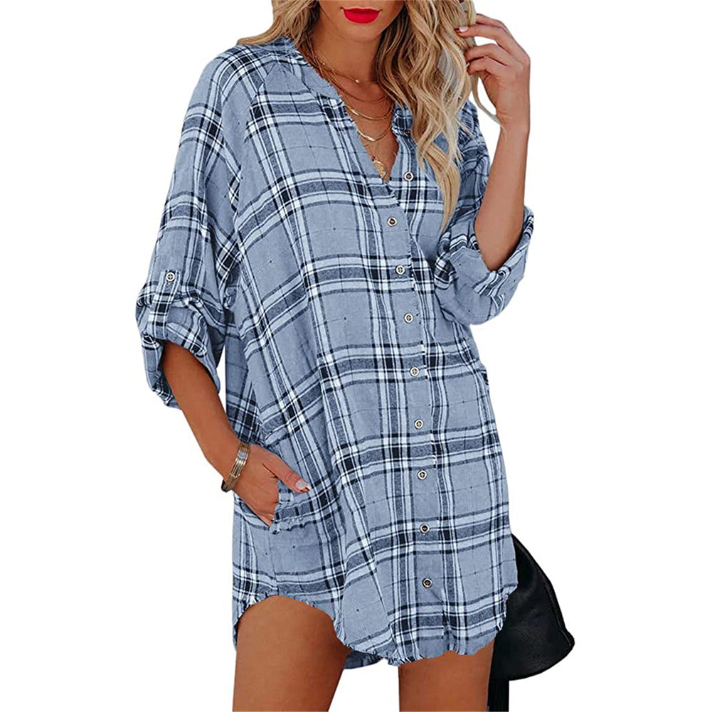 YESFASHION New Shirt Plaid Print V-neck Long-sleeved Tops