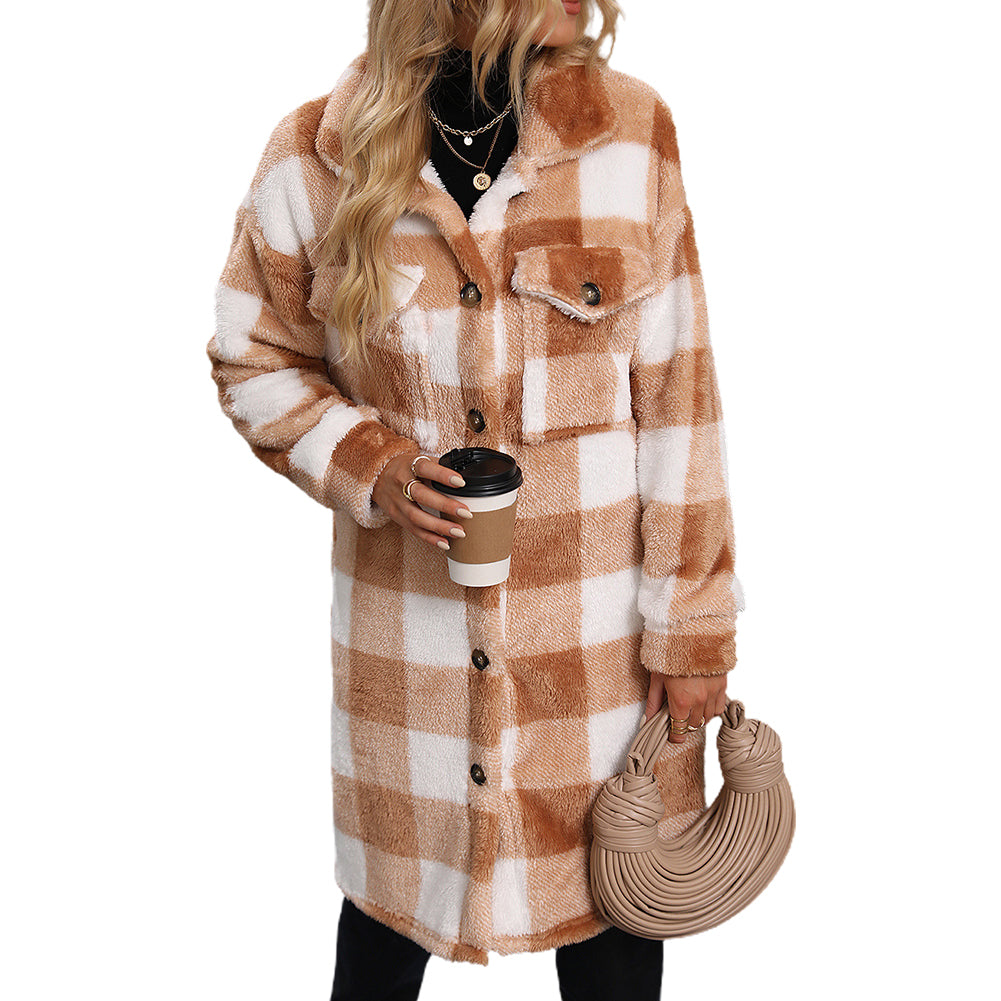 YESFASHION Slouchy Mid-length Two-pocket Plaid Insulated Coats