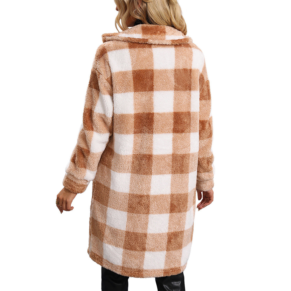 YESFASHION Slouchy Mid-length Two-pocket Plaid Insulated Coats