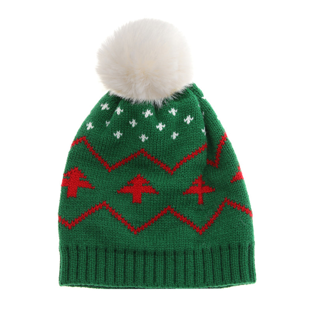 YESFASHION New Kids Warm Hat Fur Ball Christmas Tree Jacquard Knitted Hat