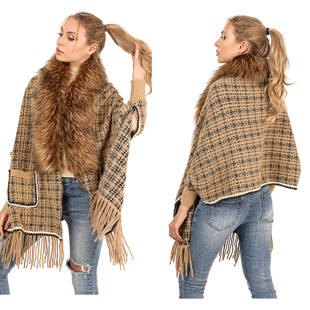 YESFASHION Fringed Long-sleeve Scarf Cape Cardigan Knitted Cape