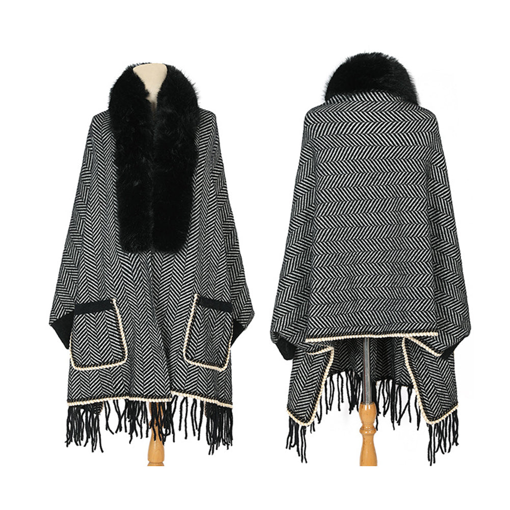 YESFASHION Collar Striped Pocket Cape Mink Fringed Knitted Sweaters