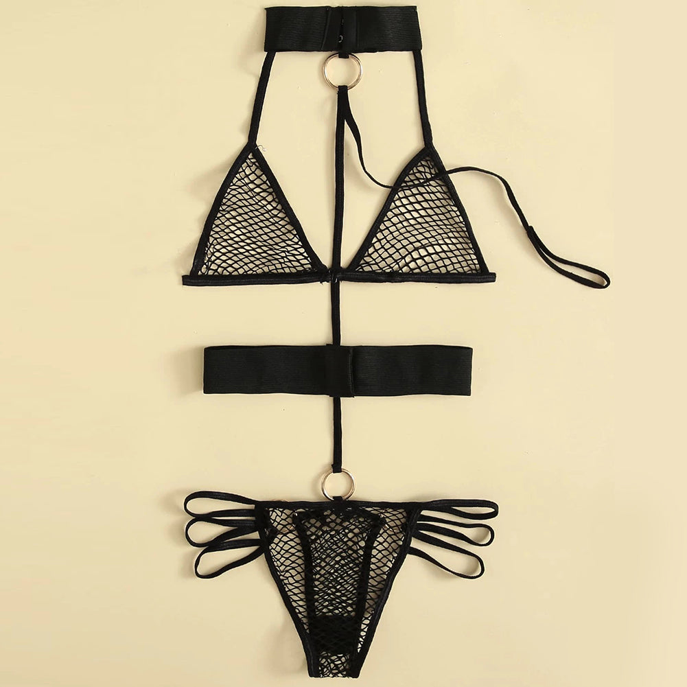 YESFASHION Sexy Mesh Jumpsuit Female Three-point Underwear Set