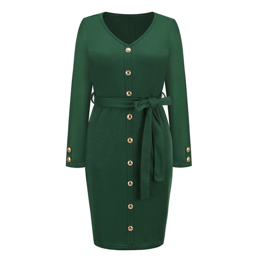 YESFASHION Women New Slim-fit Ribbed V-neck Button-decorated Dress