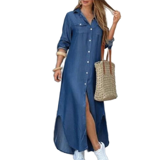 YESFASHION Women Fashion Blue Denim Long Shirt Dress