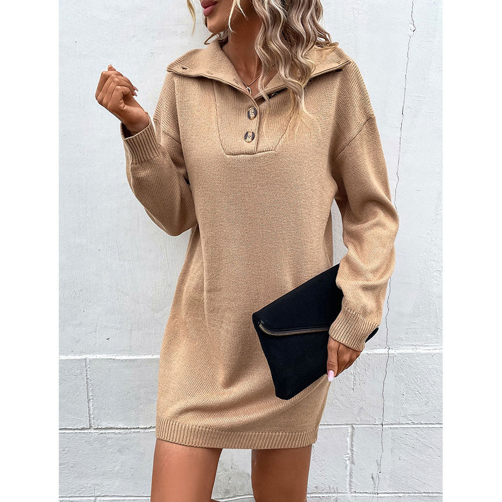 YESFASHION Winter Solid Color Long-sleeved Lapel Sweater Dress