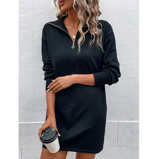 YESFASHION Long-sleeved Solid Color Lapel Zipper Sweater Dress