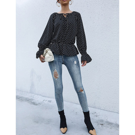 YESFASHION Women Tie-up Tops Polka Dot Long-sleeved Shirt