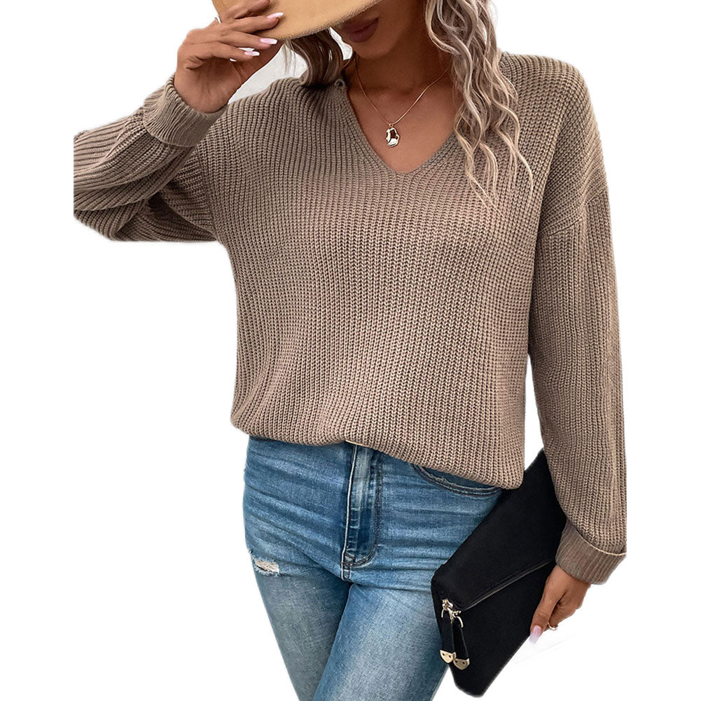 YESFASHION Women Long-sleeved Solid Color V-neck Sweaters