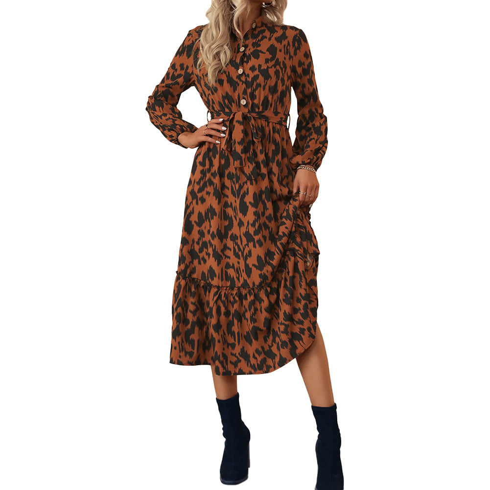YESFASHION Long-sleeved Leopard Mid-length Dress Spring
