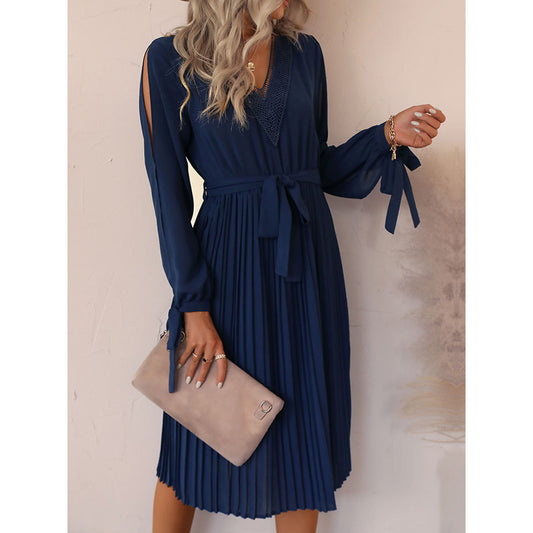 YESFASHION Women Hollow Long-sleeved Solid Color Spring Dress