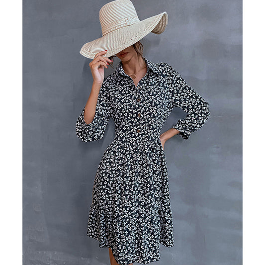 YESFASHION Fashion Women Shirt Lapel Long Sleeve Print Dress