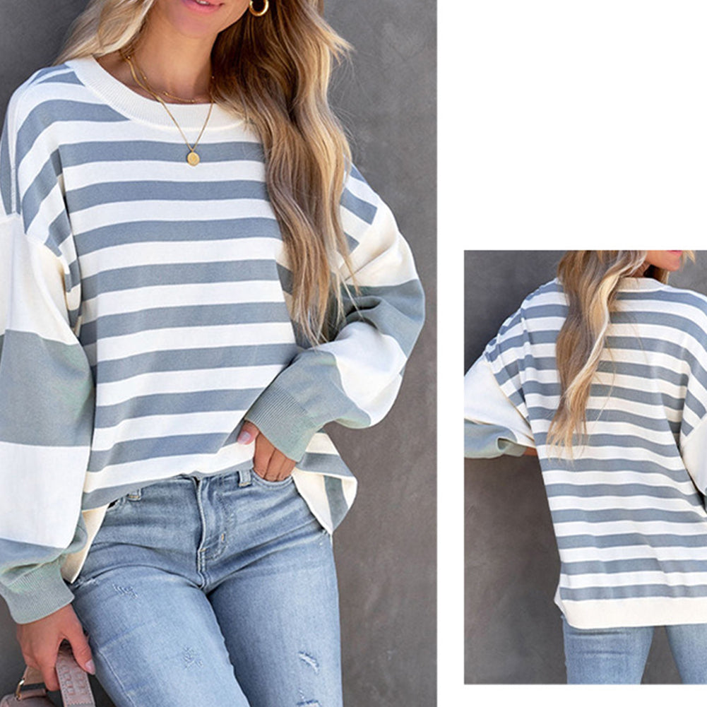YESFASHION Winter Cotton Puff Sleeves Round Neck Striped Tops