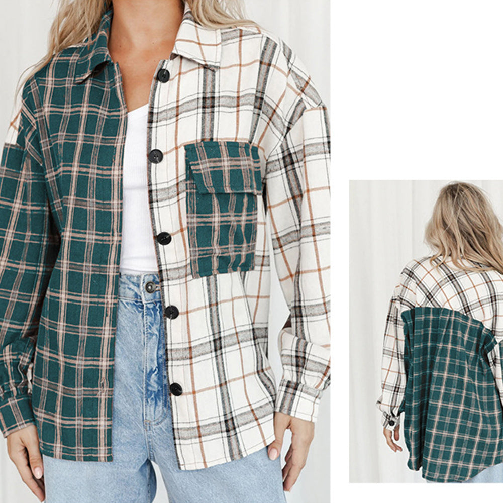 YESFASHION Plaid Shirt Female Color Contrast Print Lapel Cardigan Jacket