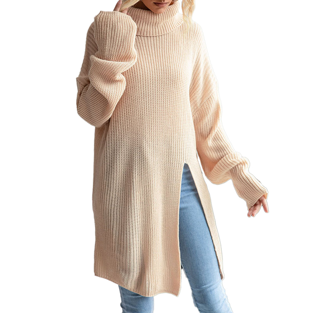 YESFASHION Women Solid Color Slit Long Sleeve Turtleneck Sweater Dress