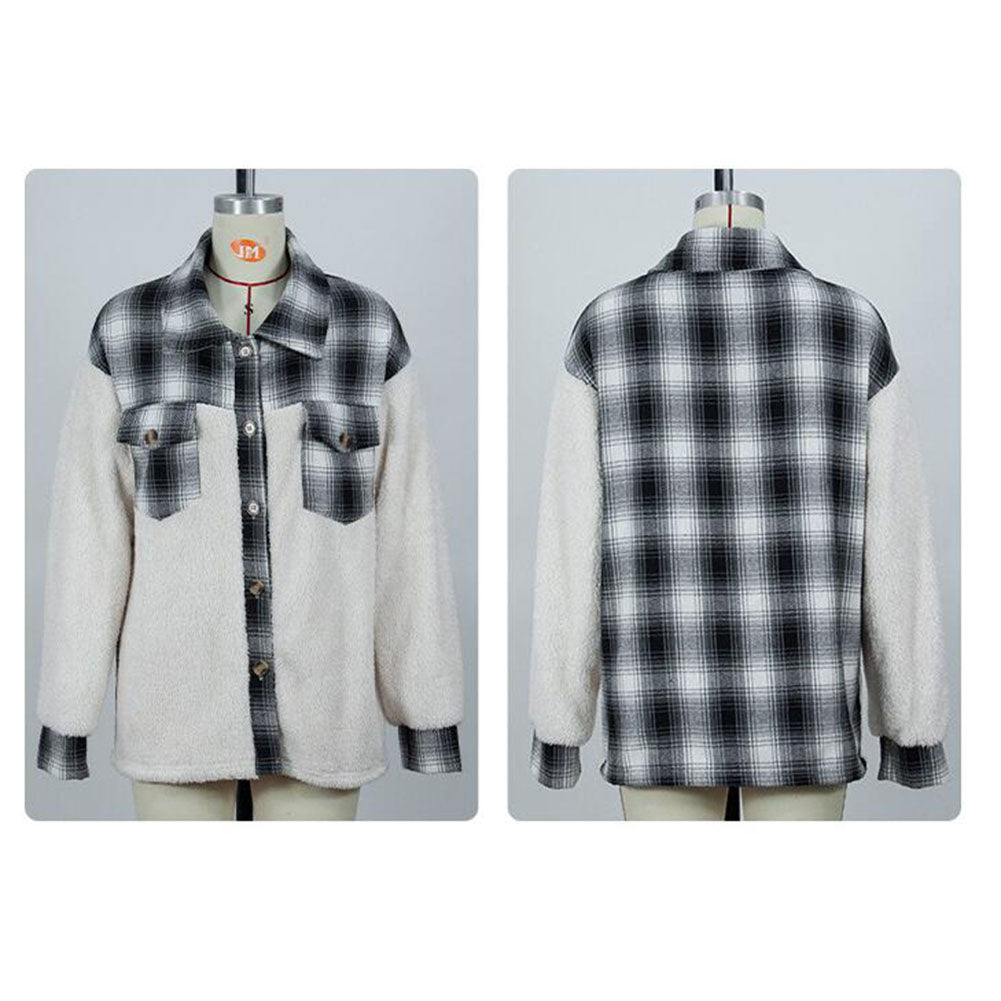 YESFASHION Women Double-faced Fleece Plaid Stitching Coats PBY-10D2